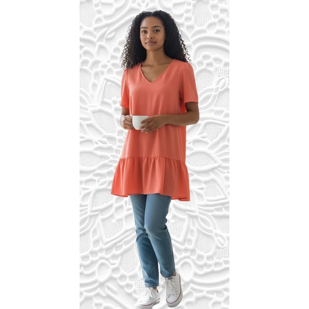 (H-225) A New Day Women's Coral Shift Dress V-Neck Short Sleeve Size Small‎ ✨